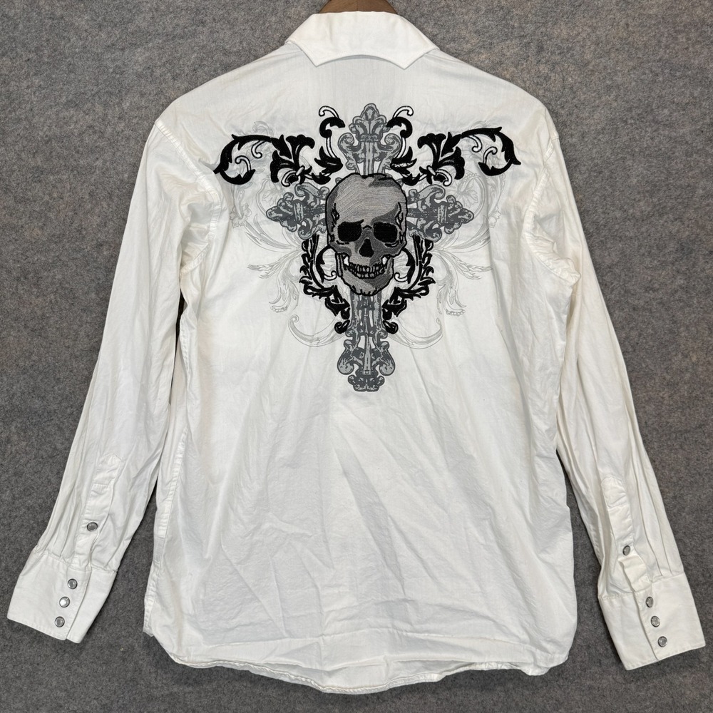 Brooks & Dunn Panhandle Skull Cross Western Pearl Snap Shirt Mens Medium Y2K